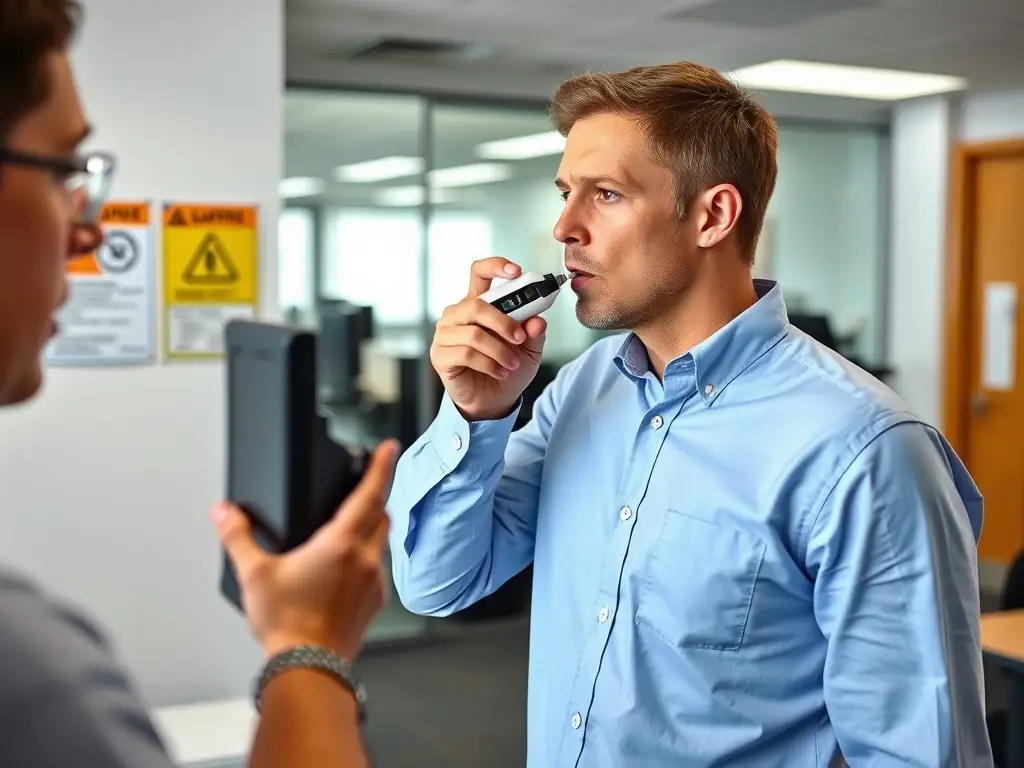 A professional conducting a breath alcohol test on an employee in a workplace setting, ensuring compliance with safety regulations.