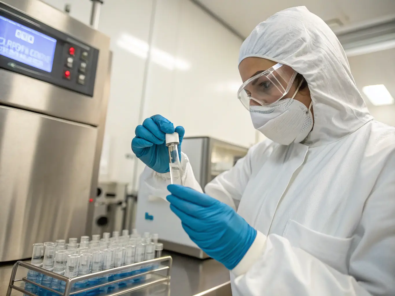 A professional lab technician wearing safety glasses and gloves, carefully handling a urine sample for drug testing, with various testing kits and equipment visible in the background.