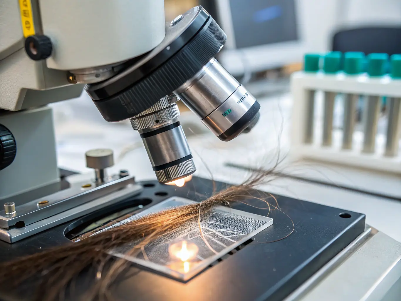 A close-up of a hair follicle drug test being analyzed in a lab, highlighting the long-term detection capabilities of this method.