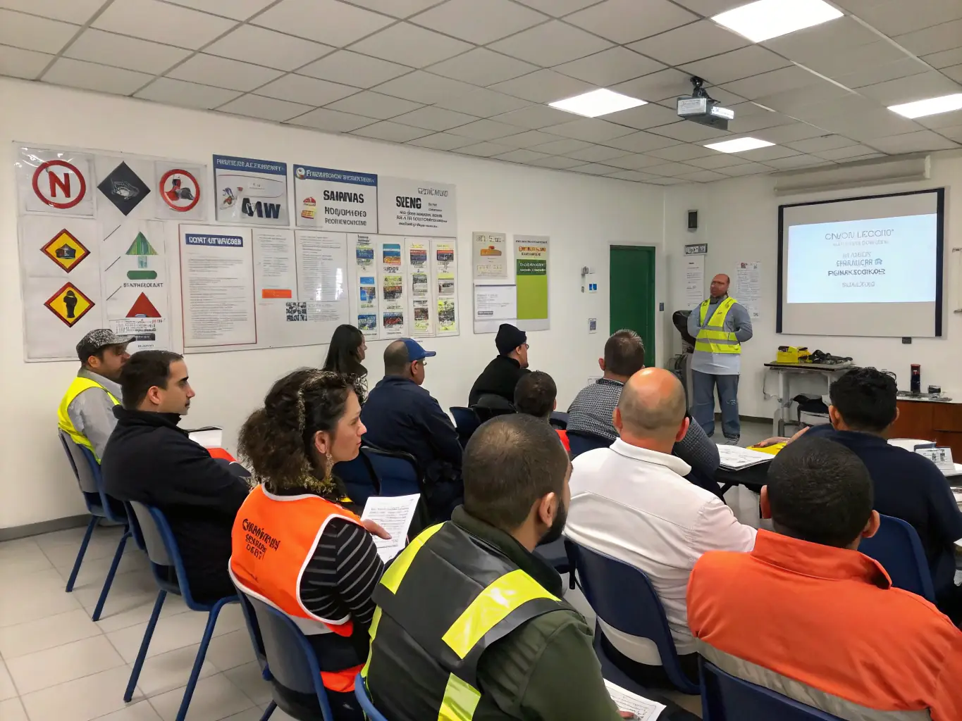 A person in a lab coat explaining the importance of workplace safety to a group of employees during a training session.